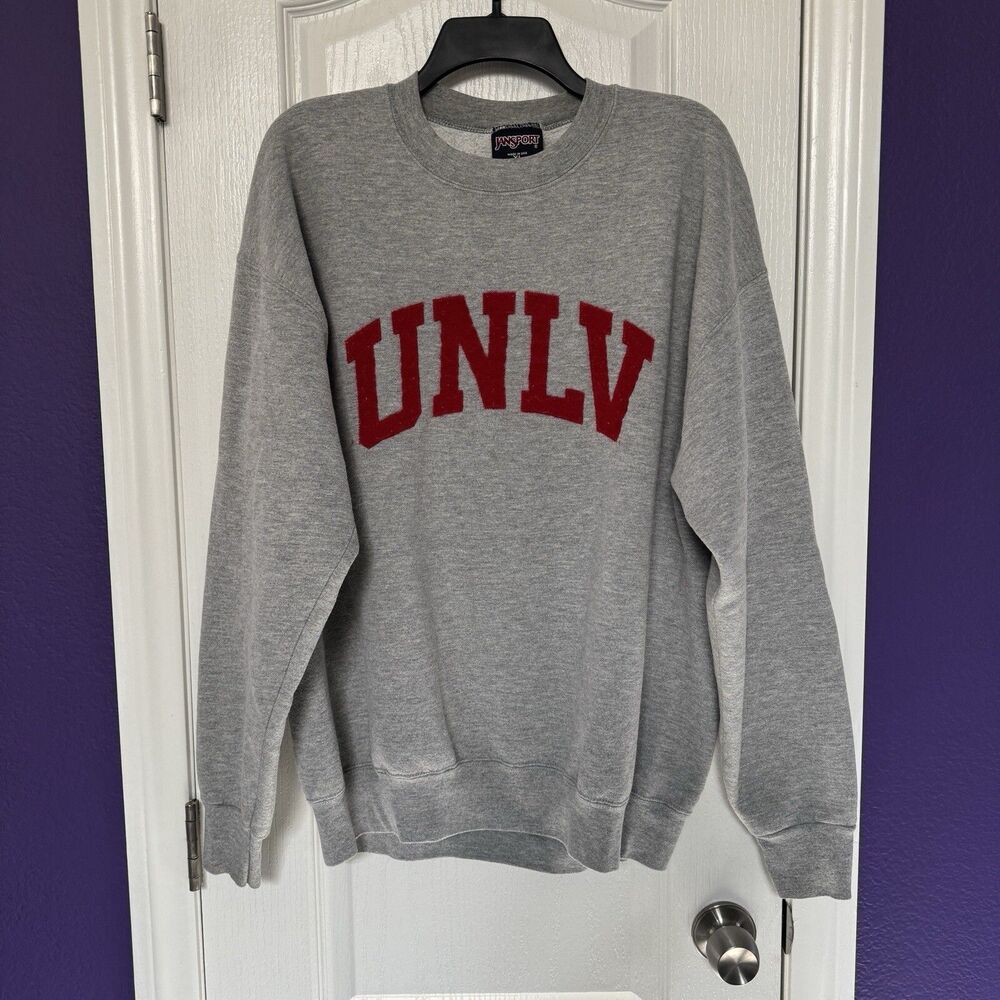 JanSport UNLV Rebels College Felt Logo Letters Gray Sweatshirt Size XL Vintage